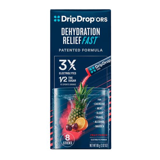 DripDrop ORS Electrolyte Powder for Fast Dehydration Relief - Fruit Punch, 8 ct