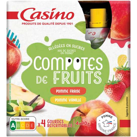 CASINO - Compote pomme fraise pomme vanille - 4X90g