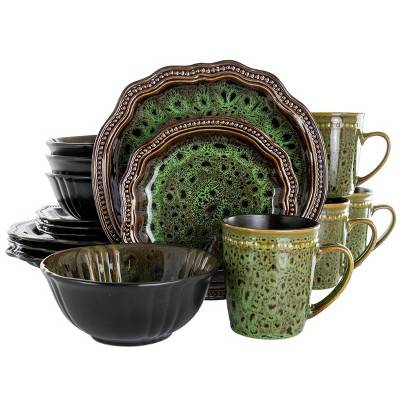 16pc Stoneware Jade Waves Dinnerware Set Green - Elama: Tie Dye Dishware, Microwave & Dishwasher Safe, Service for 4