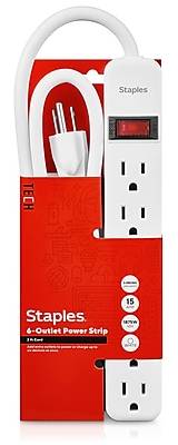 Staples Cord 6 Outlet Power Strip, 3", White
