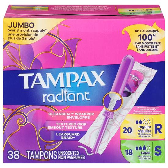 Tampax Radiant Regular and Super Absorbency Tampons (38 tampons)