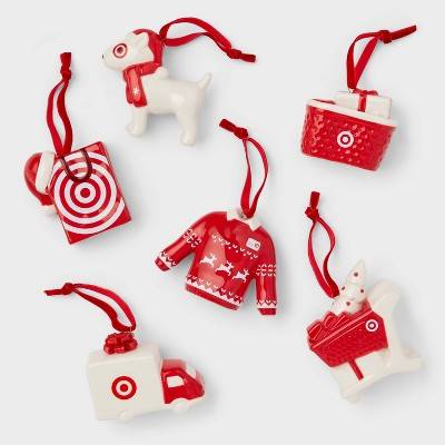 6pc Ceramic Target Christmas Tree Ornament Set Red/White - Wondershop™