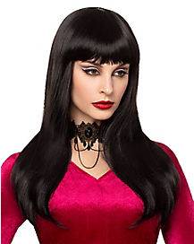 Long Black Wig with Bangs (One Size Fits Most)