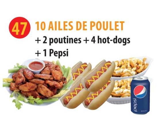 10 Ailes De Poulet + 2 Poutine Reg. + 4 Hot-Dogs + Boisson