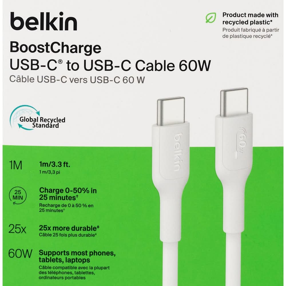 Belkin Boostcharge Usb-C To Usb-C Cable 60w, 1 m, White