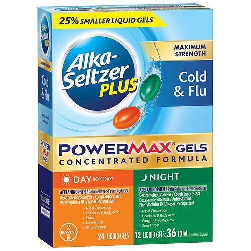 Alka-Seltzer Plus Maximum Strength PowerMax Cold & Flu Day + Night Liquid Gels - 36.0 ea