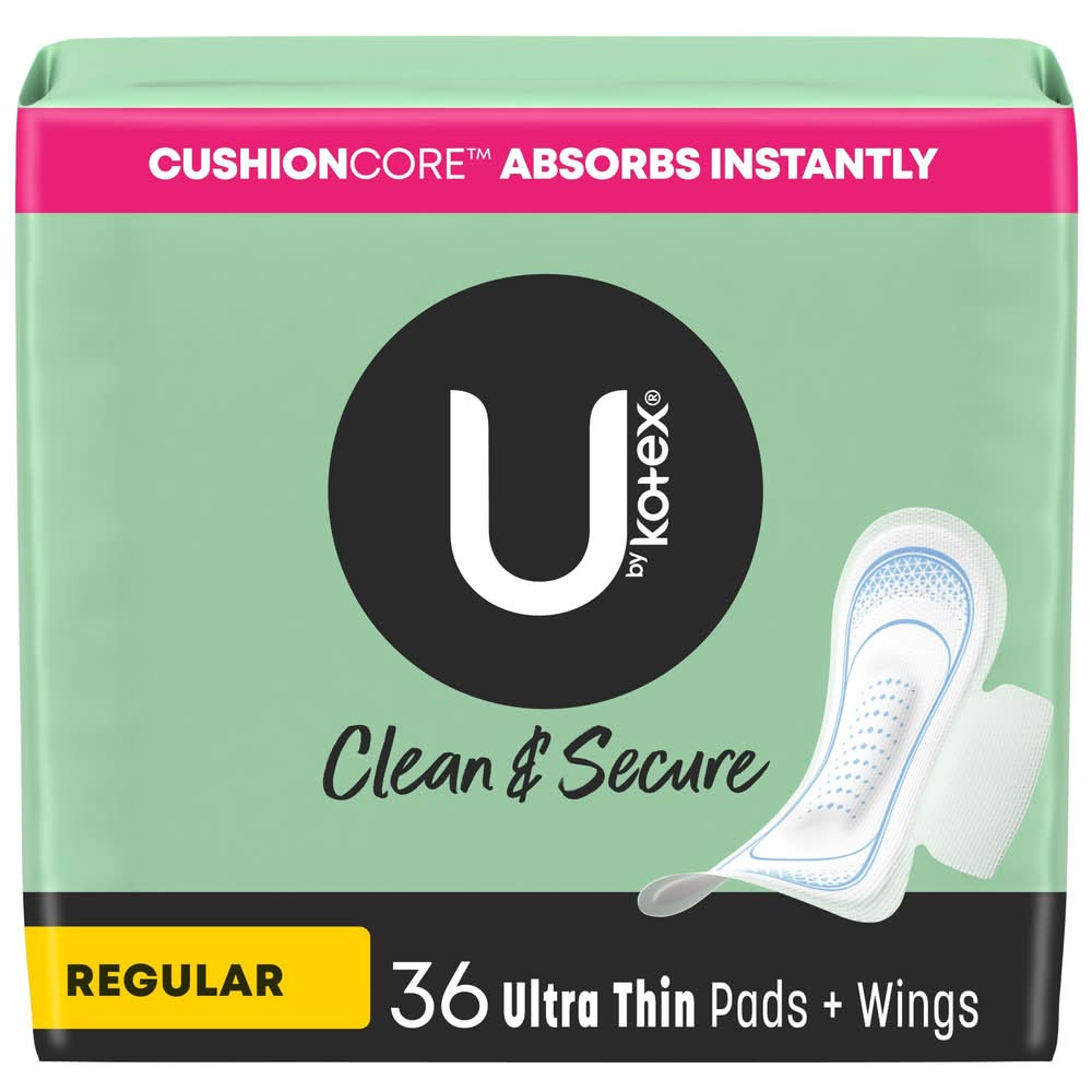 U By Kotex Security Ultra Thin Pads With Wings, Regular, 36 Ct