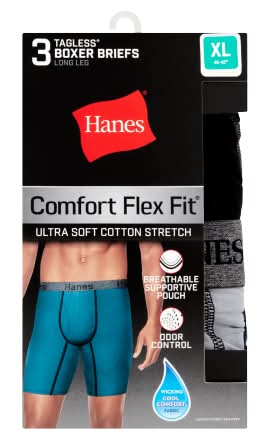 Hanes Men's Comfort Flex Fit Ultra Soft Cotton Stretch Long Leg Boxer Briefs, XL, Black Blue Grey (3 ct)