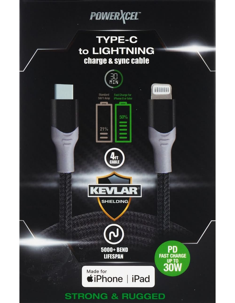 PowerXcel Kevlar Type C To Lightning Charge & Sync Cable, Blue