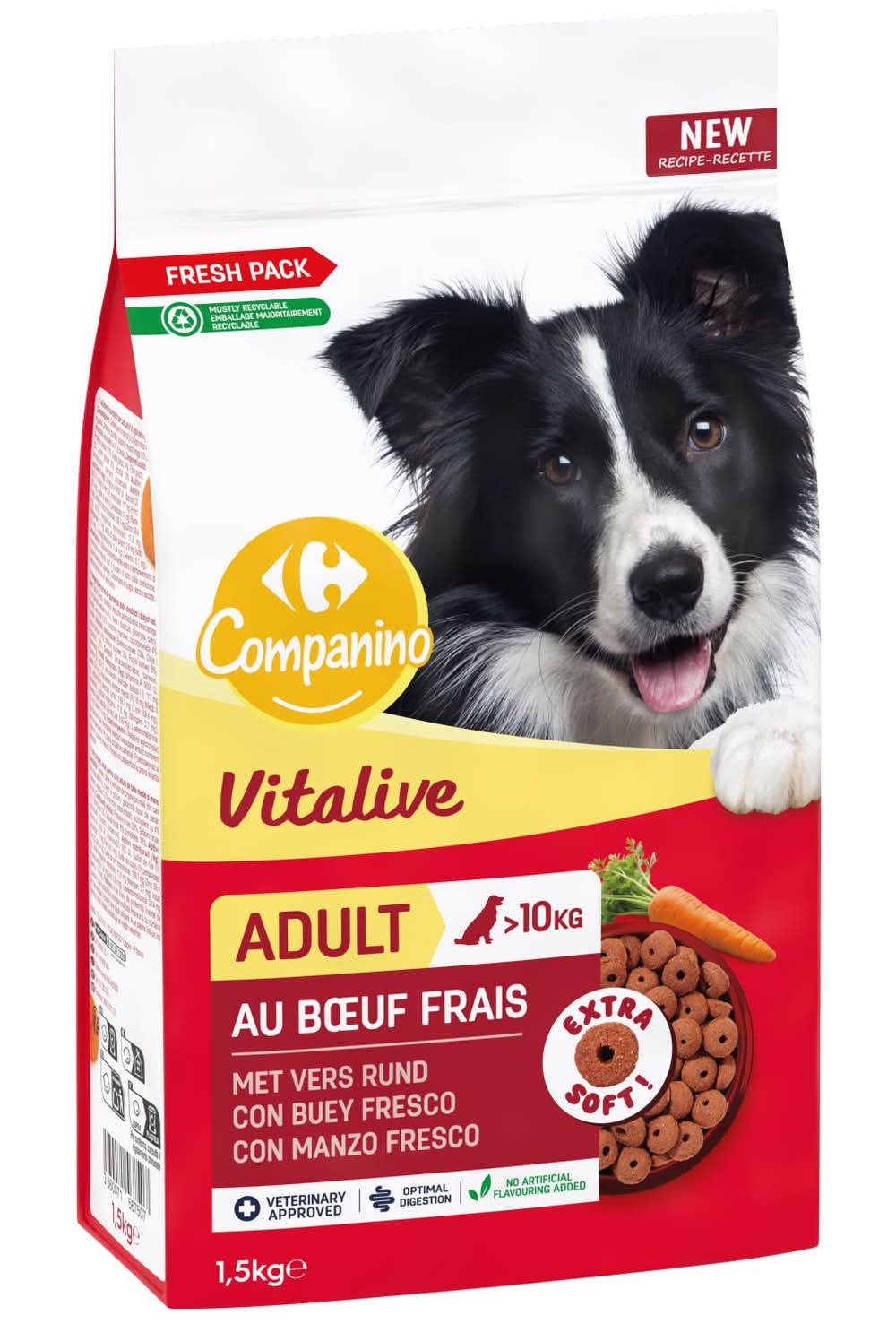 Carrefour Companino - Vitalive croquettes pour chien, bœuf, Adulte (1,5kg)