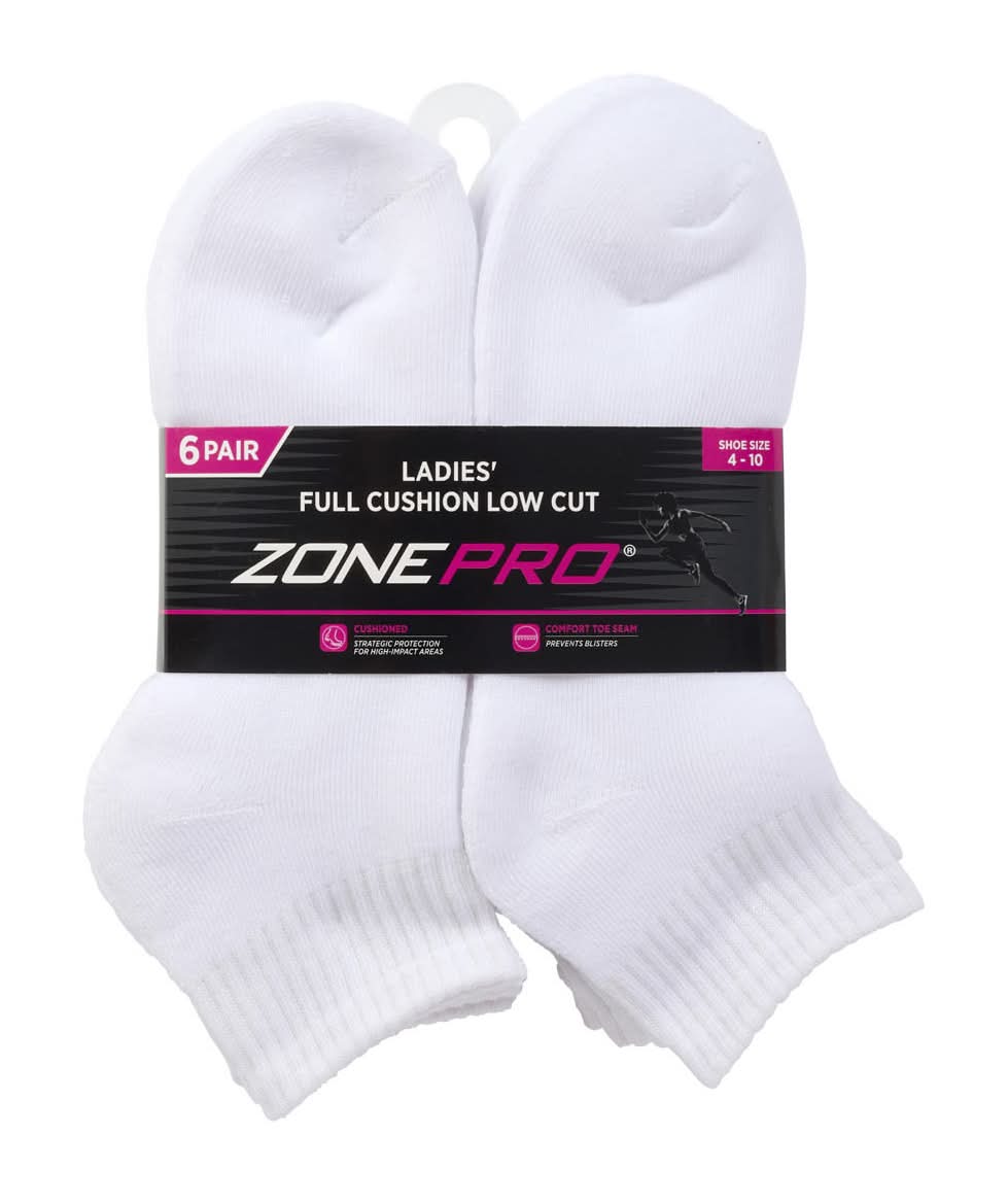 Zone Pro Ladies Full Cushion Low Cut Socks White 6 Pk