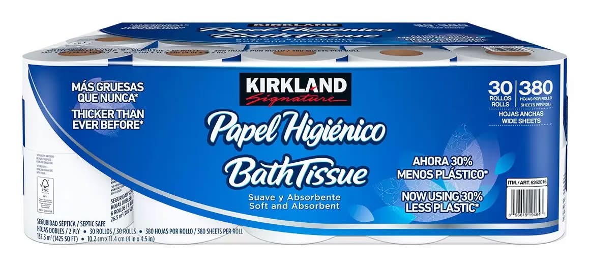 Kirkland Signature · Papel higiénico suave y absorvente 380 hojas por rollo (30 un)