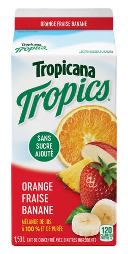 Tropicana tropics mélange 100% jus et purée - tropics 100% juice and puree blend (1.53 l) (orange fraise banane)