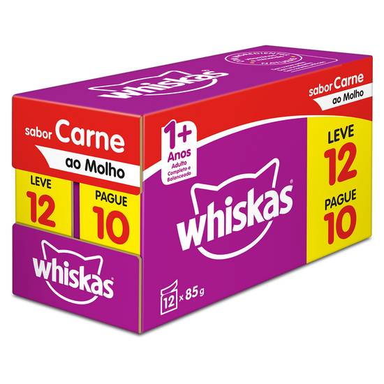 Whiskas pack alimento para gatos adultos +1 sabor carne sachê (12x85g)