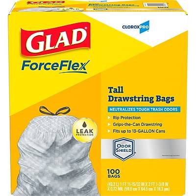 Glad ForceFlex 13 Gallon Tall Kitchen Trash Bag, 23.75 x 24.88, Low Density, .72 mil, Gray, 100 Bags/Box (70427)