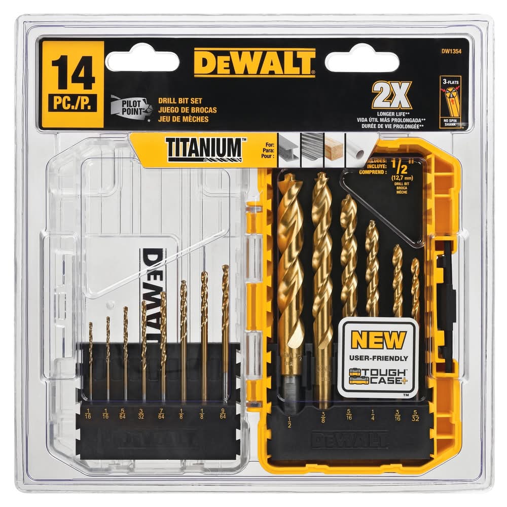 Dewalt Pilot Point Titanium Drill Bit Set Straight Shank 14 Pc
