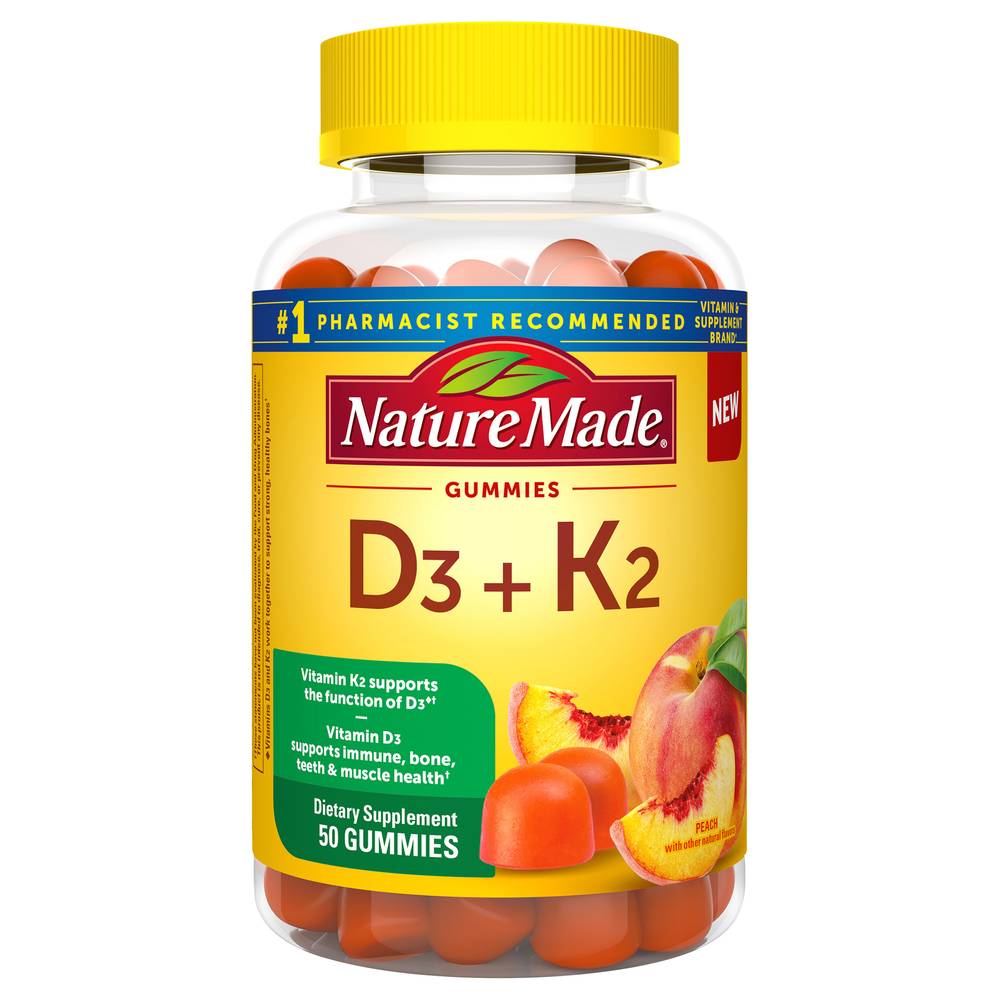 Nature Made Vitamin D3 + K2 Dietary Supplement Gummies, Peach (50 ct)