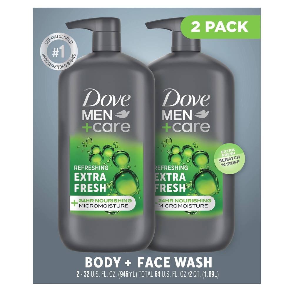 Dove Men's Extra Fresh Body + Face Wash 2-pack, 32 fl oz