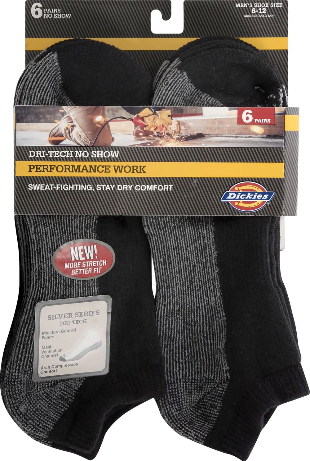 Dickies Dri-Tech No Show Socks, Men, 6-12, Black (6 ct)