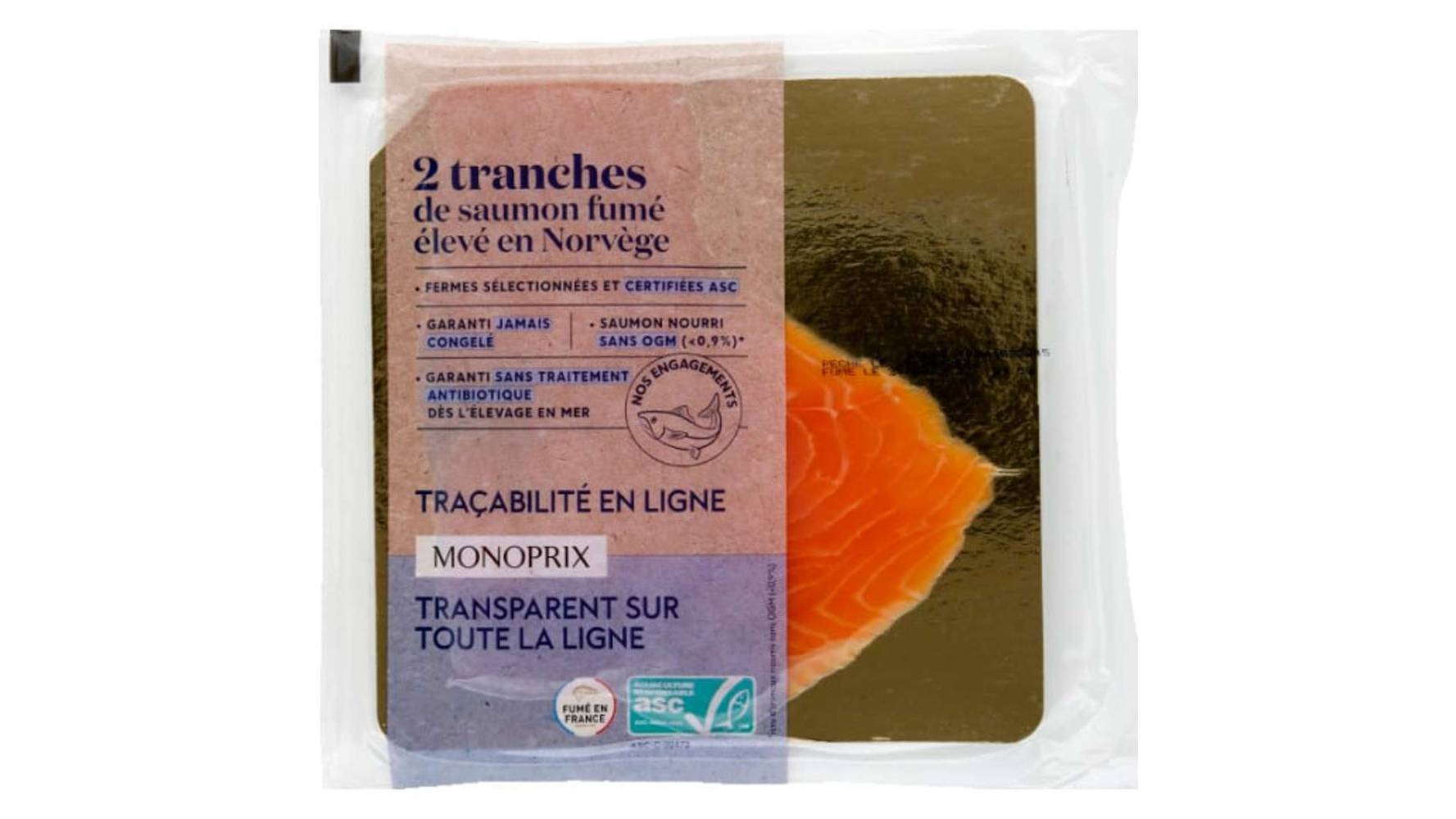 Monoprix Saumon fume eleve en Norvege ASC La barquette de 2 tranches, 70g