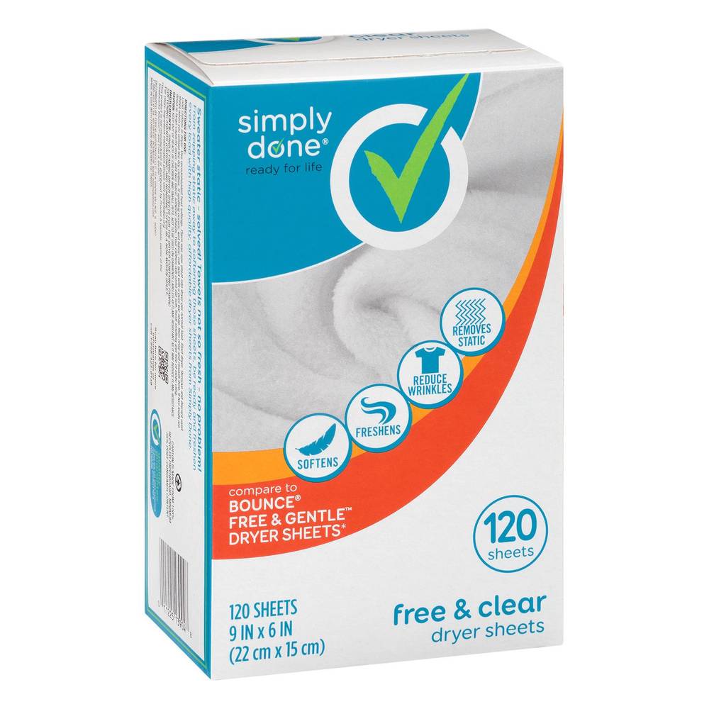 Simply Done Dryer Sheets, Free & Clear 120 Ea
