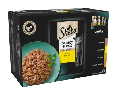Sheba Duck-Chicken-Poultry-Duck & Turkey, Adult, Select Slices Poultry Selection in Gravy Cat Food (12 x 85g)