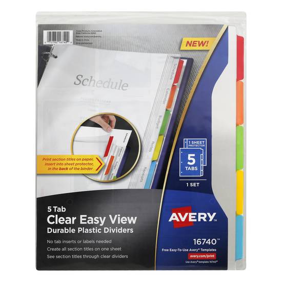 Avery 5 Tab Clear Easy View Durable Plastic Ring Binders Bright Multicolor