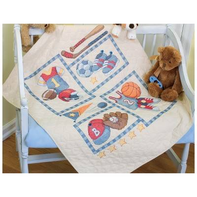 Dimensions Baby Hugs Quilt Stamped Cross Stitch Kit 34"X43"-Little Sports