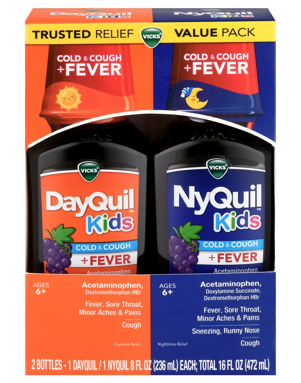 Vicks Dayquil Nyquil Cold & Cough + Fever Relief Syrup Value pack Ages 6+, Grape (2 x 8 fl oz)