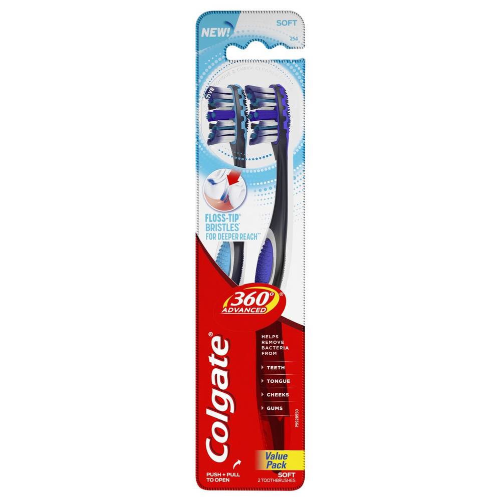 Colgate 360 Total Advanced Floss-Tip Toothbrush, Soft Bristle, 2 Pack