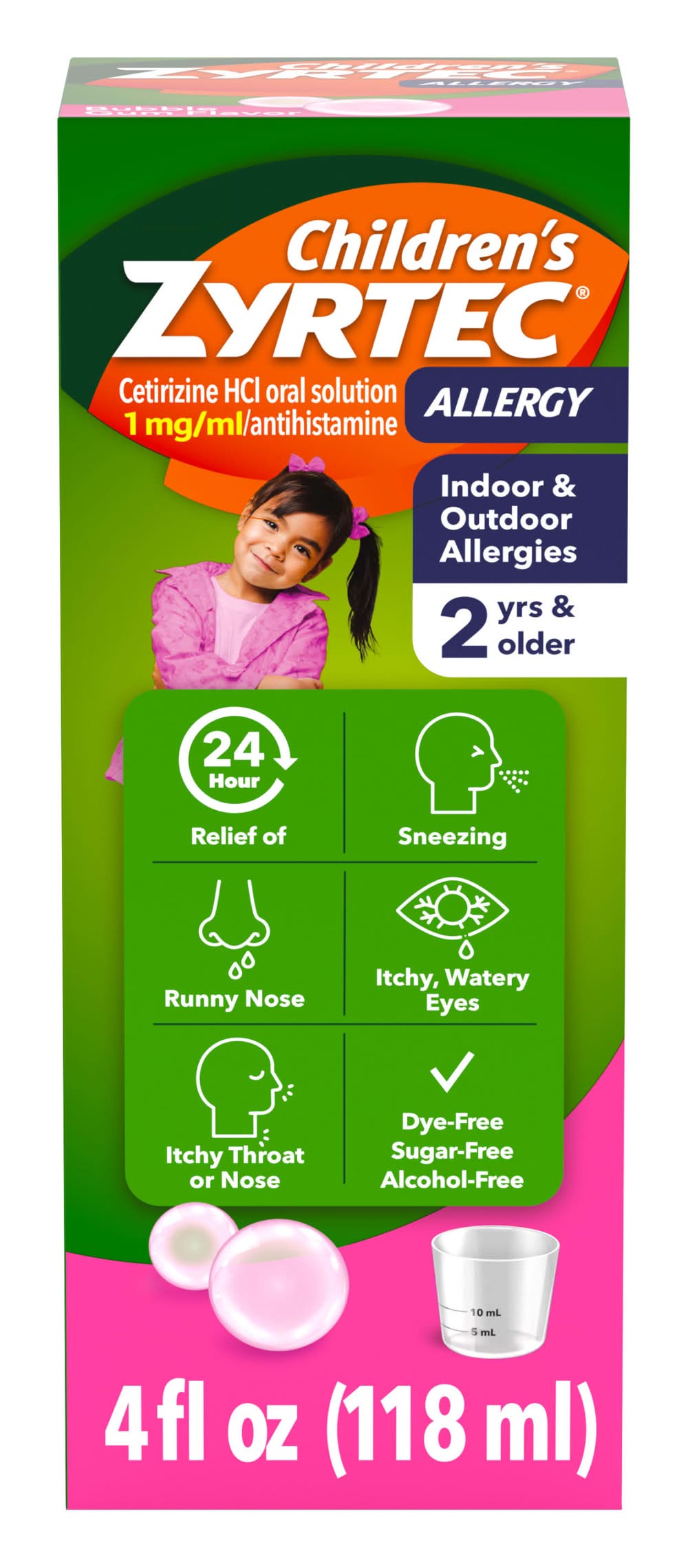 Zyrtec Children's Cetirizine Hcl Allergy Syrup 1mg For Ages 2+ Years, Bubble Gum (4 fl oz)