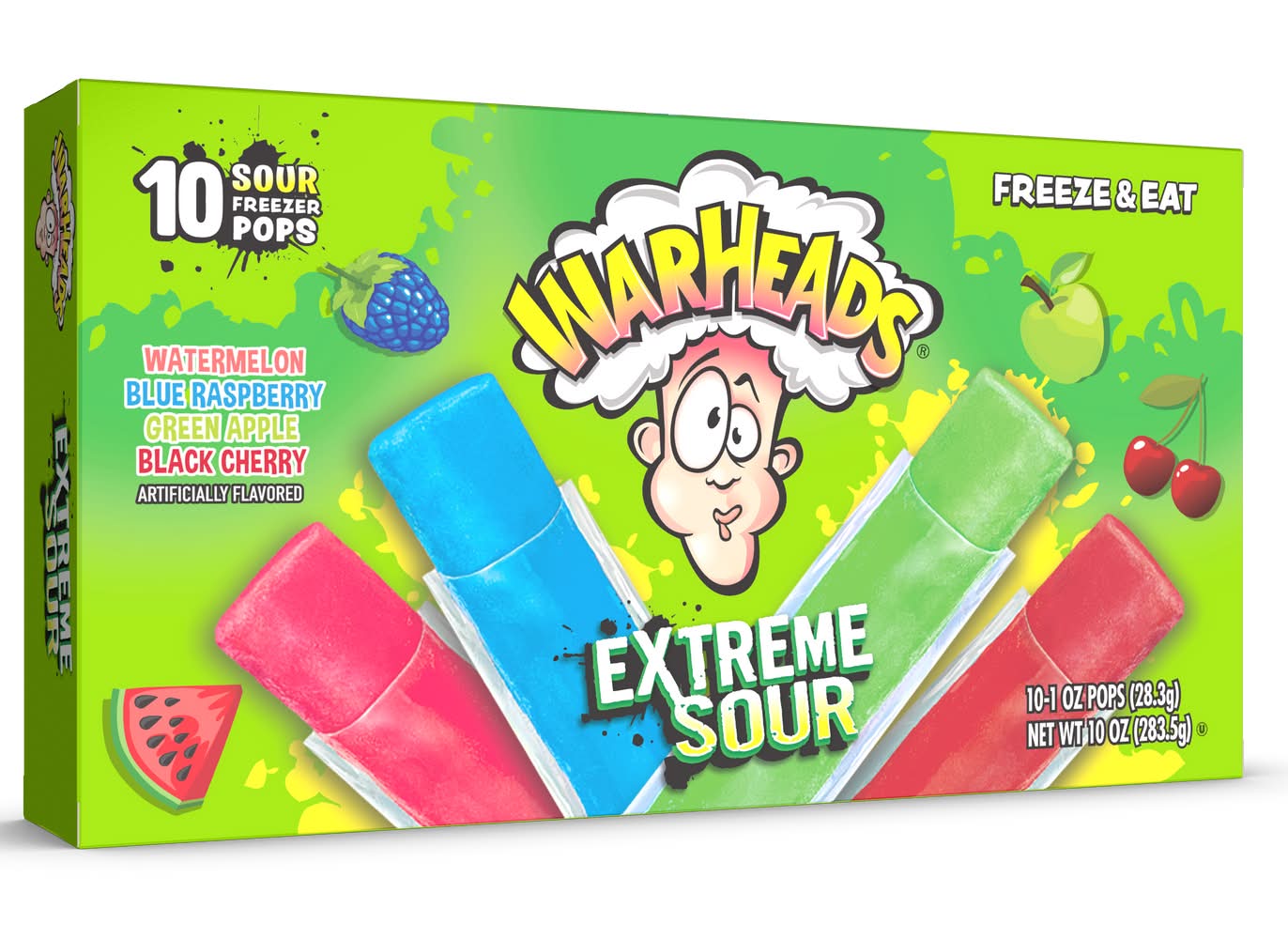 Warheads Freezer Pops, Watermelon-Blue Rasberry-Apple- Black Cherry (1 oz, 10 ct)