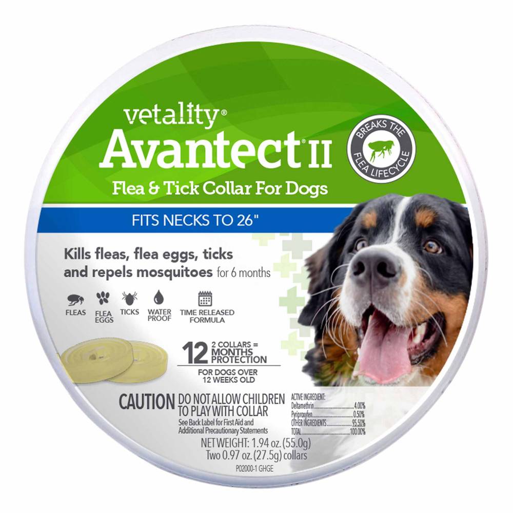 Vetality Avantect II Flea & Tick Collar for Dogs, 12 Month Protection, 2 Count