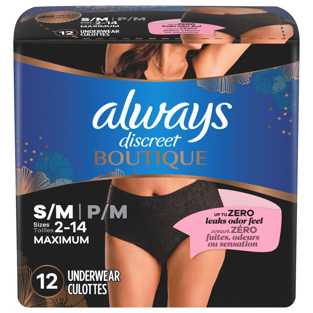 Always Low Rise Incontinence Underwear For Women, S/M, Black (1.1 lbs, 12 ct)