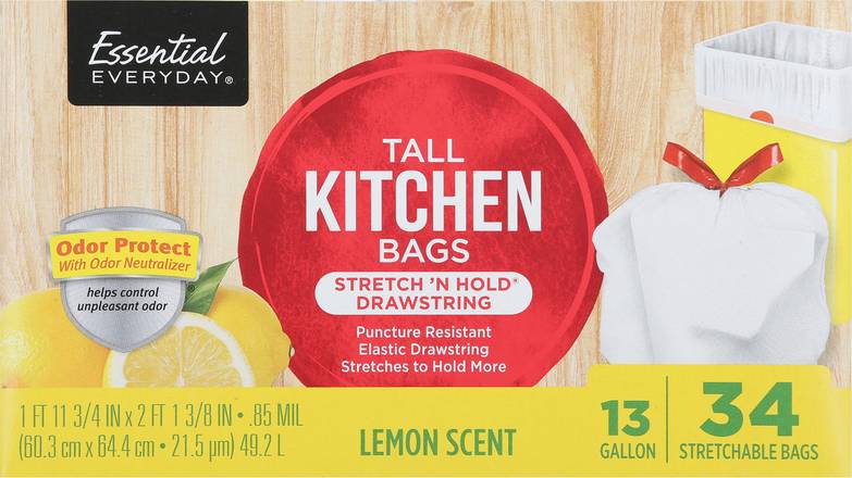 Essential Everyday 13 Gallon Lemon Scent Drawstring Kitchen Bags (34 ct)