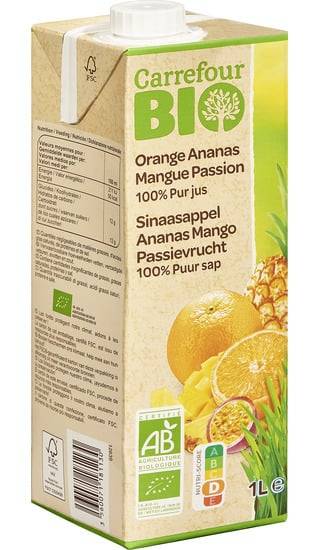 Carrefour Bio - Jus multifruits à base d'orange, ananas, mangue et passion (1 L)