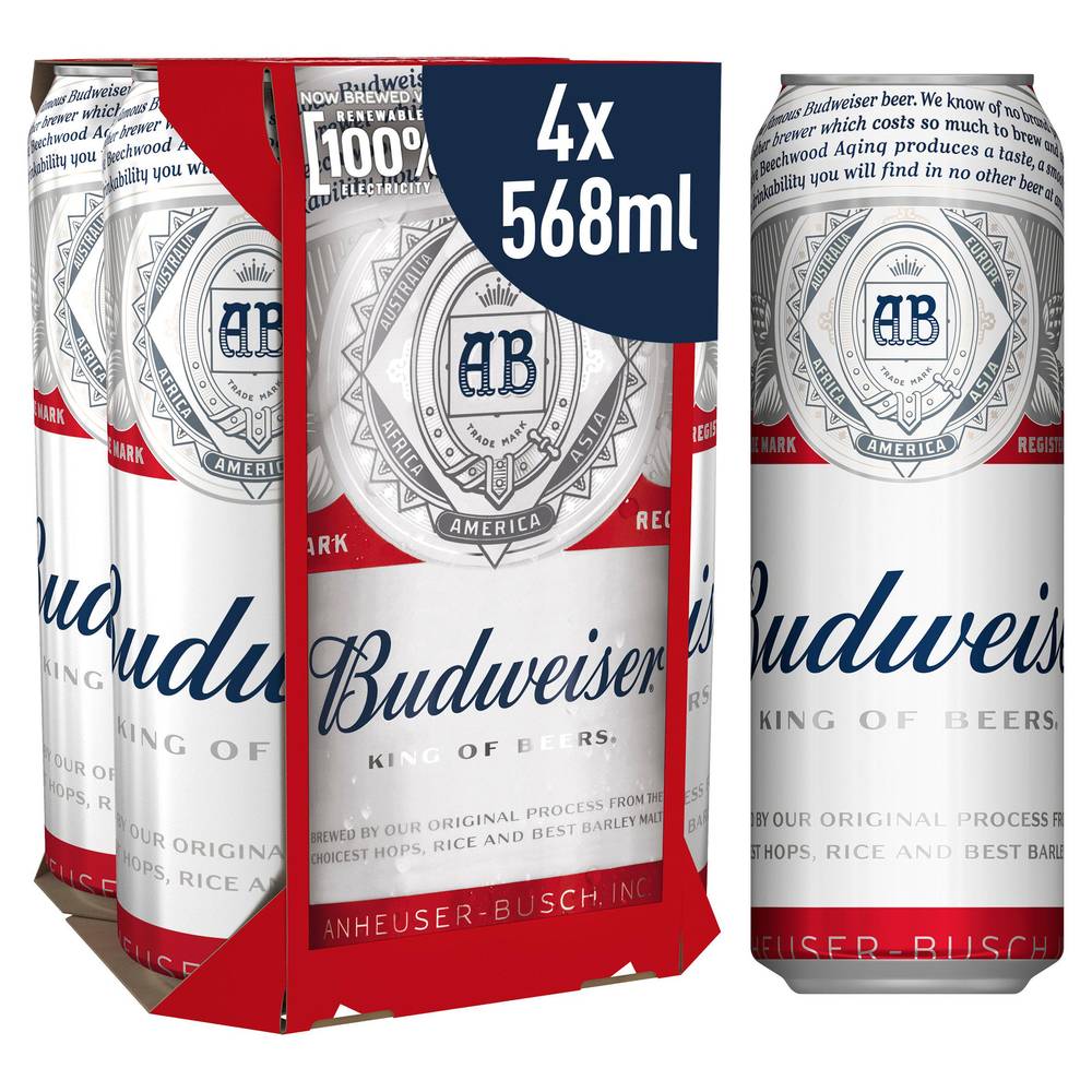 Budweiser Lager Beer Cans 4x568ml