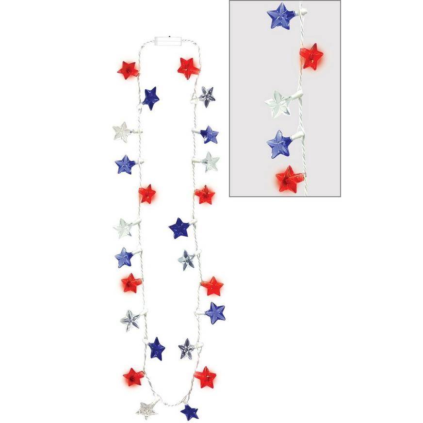 Party City Light-Up Led Patriotic Star Necklace, Red- White- Blue