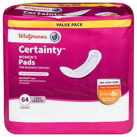 Walgreens Certainty Maximum Absorbency Incontinence Pads, Long (64 ct)
