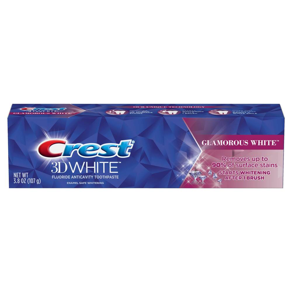 Crest 3D White Fluoride Anticavity Whitening Toothpaste, Glamorous White, 3.8 OZ