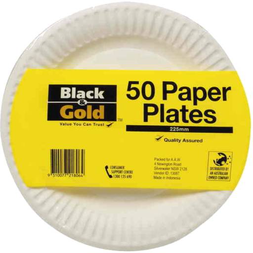 Black & Gold Paper Plates, 225 mm (50 pack)