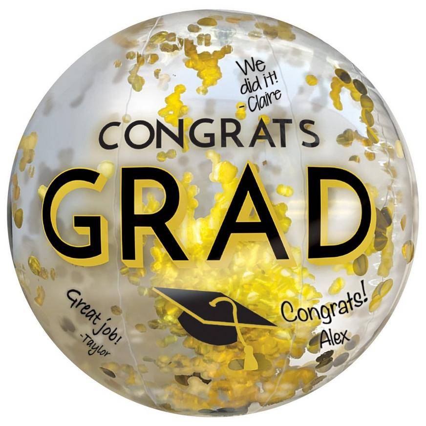 Black, Silver, Gold Congrats Grad Confetti Beach Ball, 24in