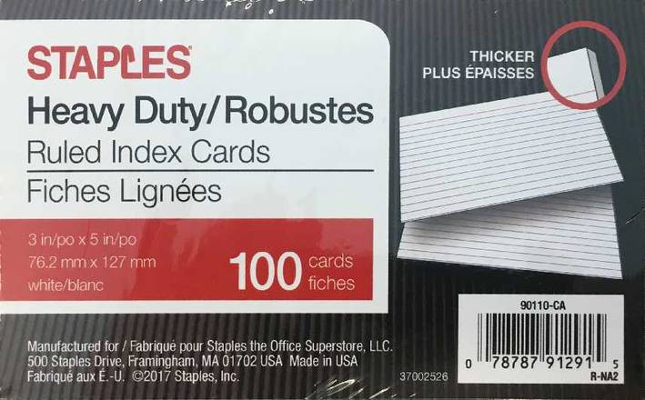 Staples Heavy Duty Ruled Index Cards, 3" X 5", White (100/pack)