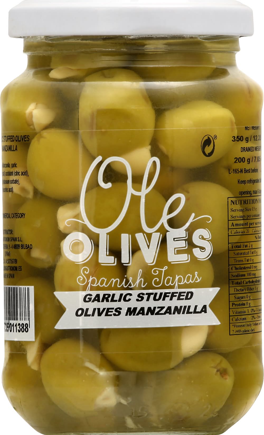 Ole Olives Stuffed Manzanilla Olives With Garlic, Net Wt 12.35 Oz (350g)