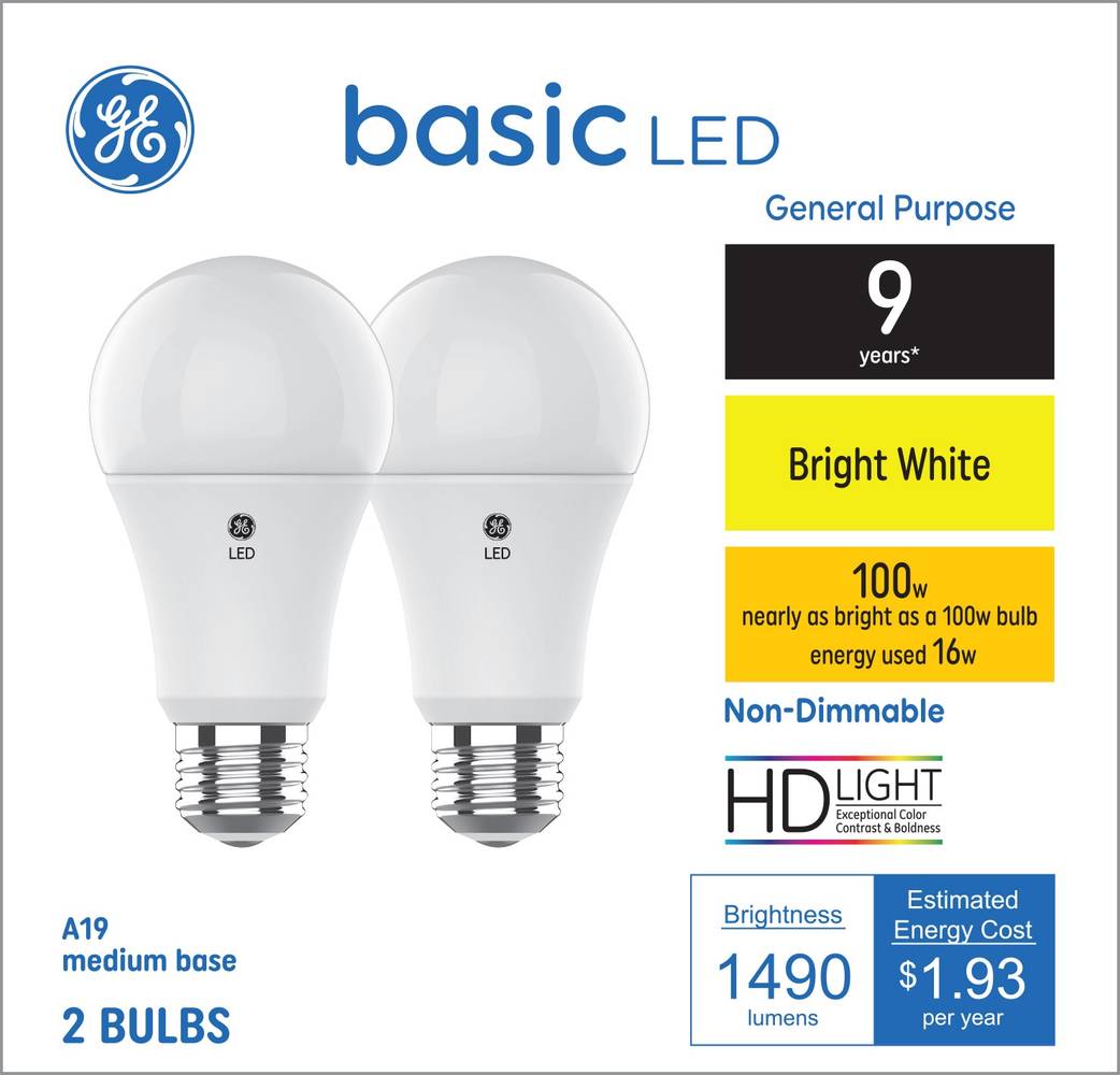 GE Basic 100-Watt EQ A19 Bright White Medium Base (e-26) LED General Purpose Light Bulb (2-Pack) | 93131031