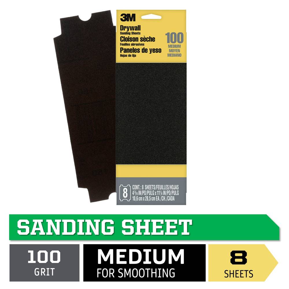 3M Medium 100-Grit Sheet Sandpaper 4.1875-in W x 11.25-in L 8-Pack | 9092P-8