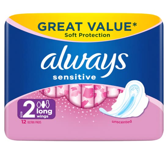 Always size 2, Sensitive Long Ultra Sanitary Towels Wings Pads (12 pack)