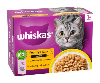 Whiskas 1+ Poultry Feasts Adult Wet Cat Food Pouches in Gravy (12 pack)