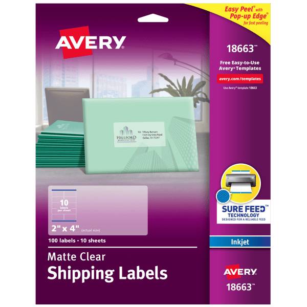 Avery Matte Shipping Labels With Sure Feed Technology, 18663, Rectangle 2" X 4", Clear