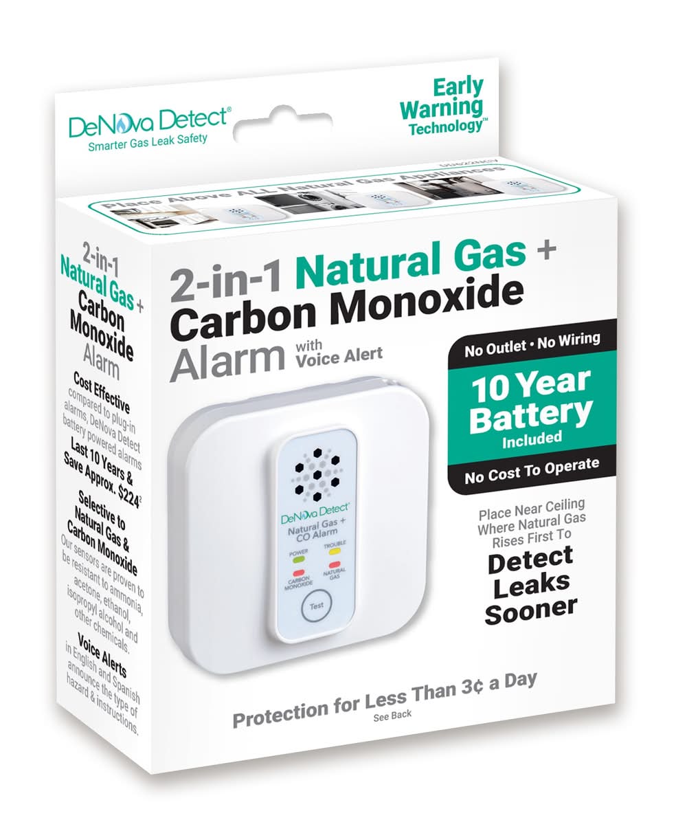 DeNova Detect 2-in-1 10-Year Battery Battery-operated Natural Gas Detector Carbon Monoxide Detector with Voice Alert